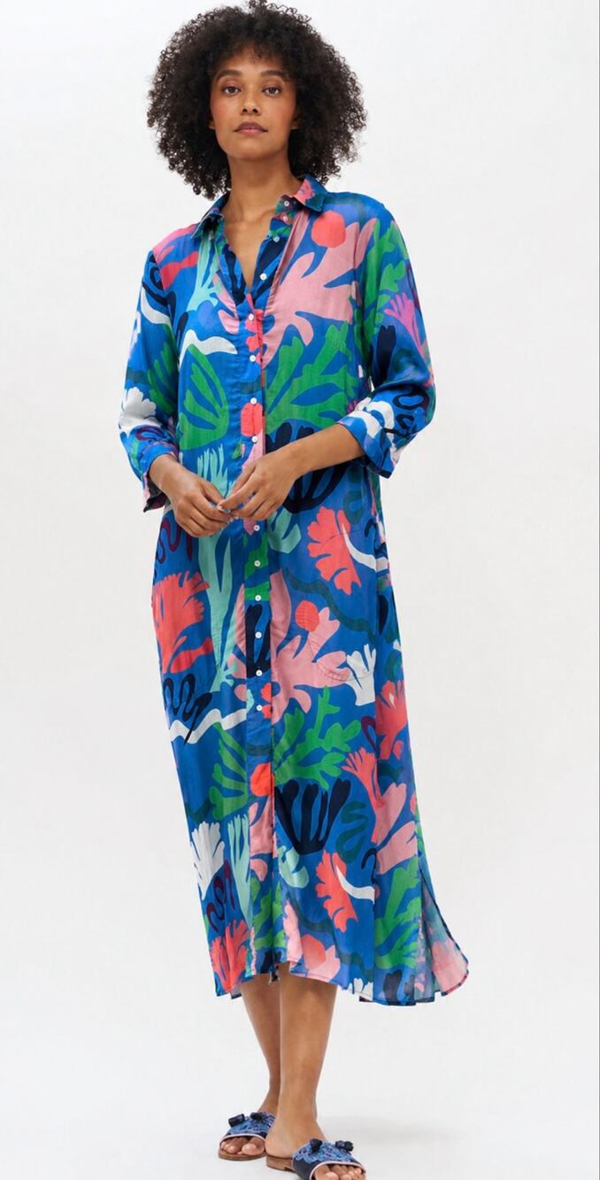 Oliphant Shirt Dress Silk Blend Midi Colorful Reef Pockets Size Small